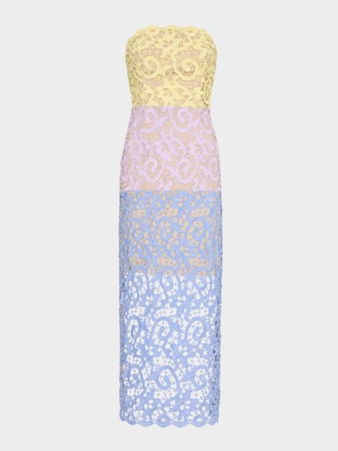 MILLY Kait Strapless Colorblock Lace Midi Dress
