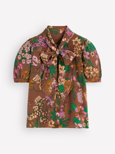 BODEN Tie Neck Silk Top-Woodland, Whimsical Flora