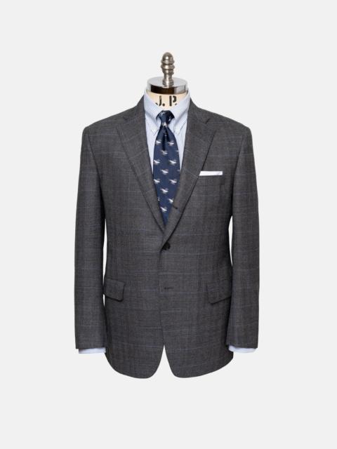J. PRESS MADE-IN-USA LIGHT GREY & BLUE HERRINGBONE WITH WINDOW PANE WOOL SUIT