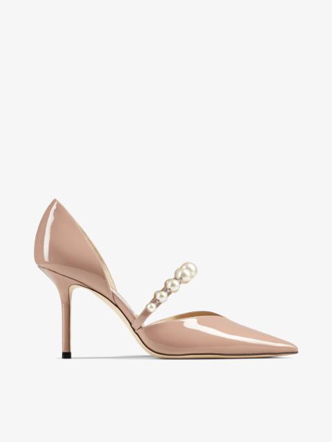 JIMMY CHOO Aurelie 85
Ballet Pink Patent Leather Pointed Pumps with Pearl Embellishment