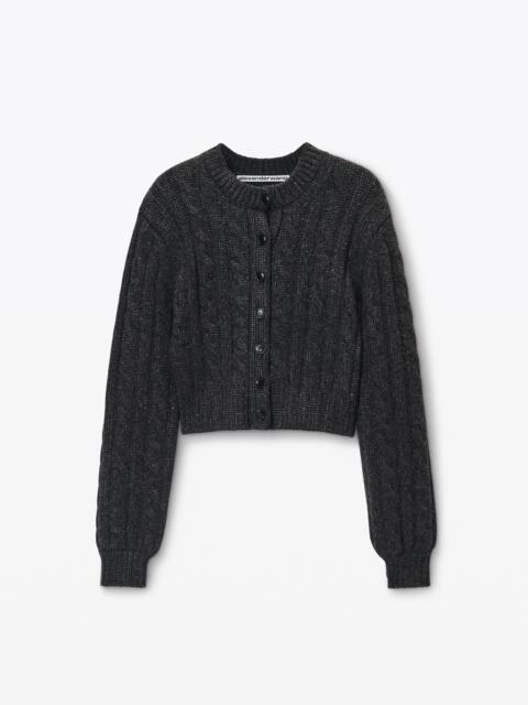 Alexander Wang Clear Bead Hotfix Cable-Knit Cardigan in Boiled Wool