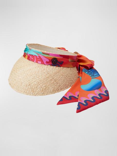 MAISON MICHEL Patty Raffia Visor W/ Silk Scarf