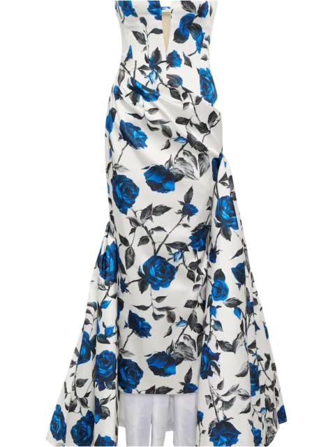 RASARIO DRAPED PRINTED SATIN MAXI GOWN WITH SIDE TRAIN