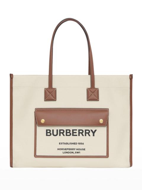 Smooth Leather & Canvas Pocket East-West Tote Bag