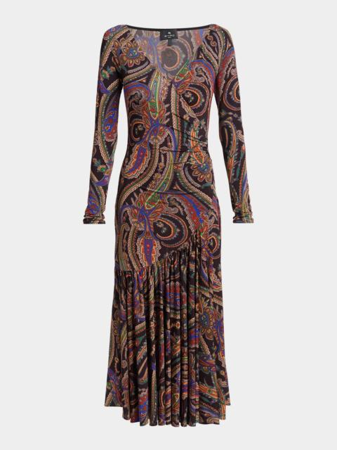 Etro Long-Sleeve Paisley Jersey Ruffle Midi Dress