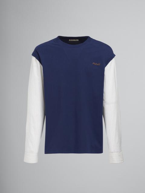 Marni BLUE JERSEY T-SHIRT WITH STRIPED POPLIN SLEEVES