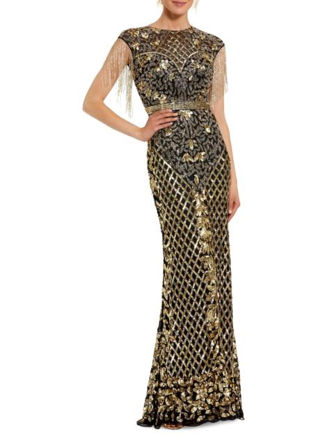MAC DUGGAL Women's Beaded Fringe Gown - Black Gold
