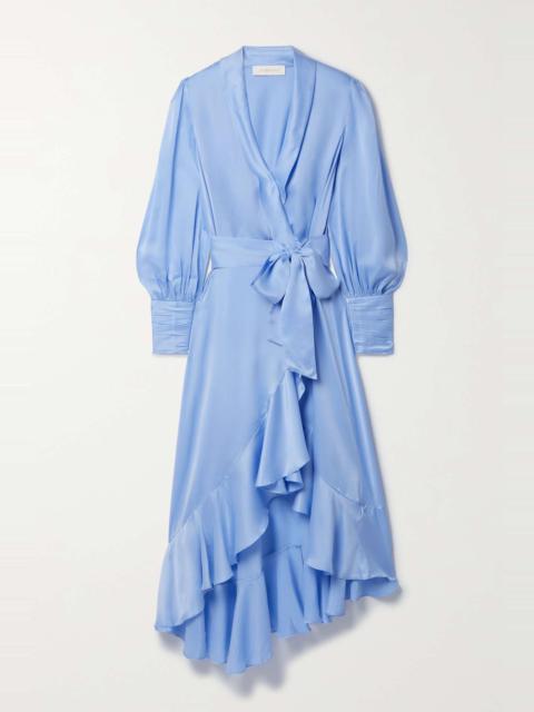 Asymmetric ruffled silk-satin wrap dress