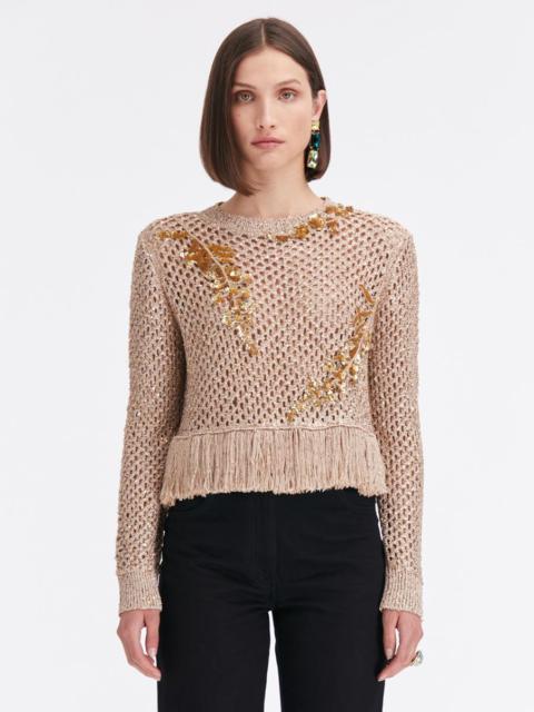 Oscar de la Renta SEQUIN EMBROIDERED CROCHET PULLOVER