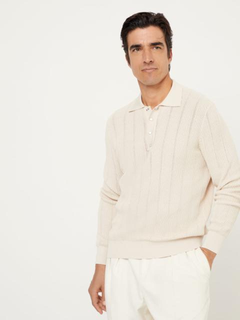 Brunello Cucinelli Cotton textured rib knit polo with long sleeves
