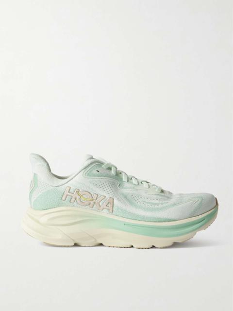 HOKA ONE ONE Clifton 10 rubber-trimmed jacquard-mesh sneakers Mint