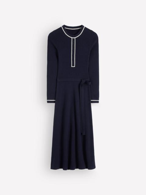 BODEN Paula Ribbed Crew Dress-Navy, Warm Ivory