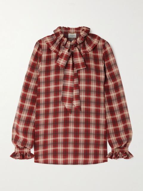 SAINT LAURENT Pussy-bow ruched checked silk blouse Red