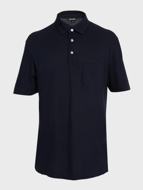 ZEGNA Men's Cotton Polo Shirt with Leather-Trim Pocket