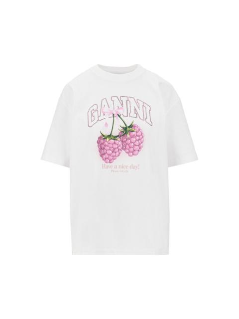 GANNI COTTON T-SHIRT WITH 'RASPBERRIES' PRINT