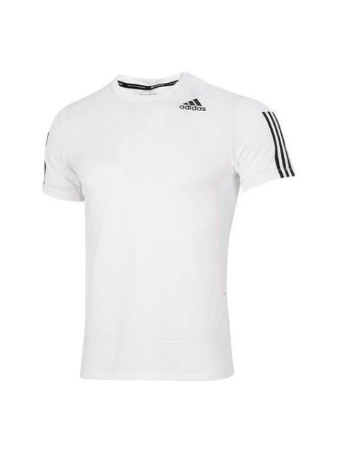 adidas Solid Color Stripe Logo Micro Mark Athleisure Casual Sports Round Neck Short Sleeve White H16