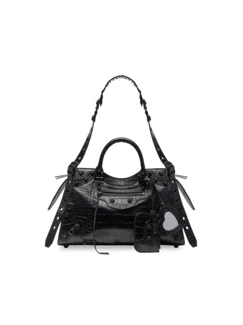 BALENCIAGA Women's Neo Cagole City Handbag Crocodile Embossed  in Black