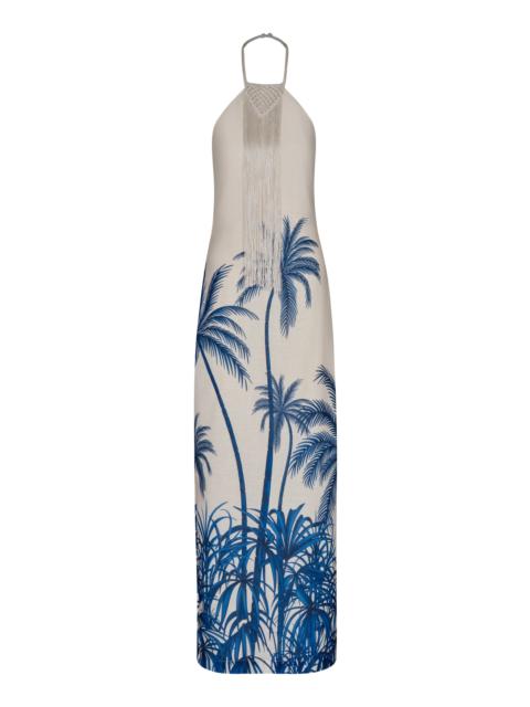 ANDRES OTALORA Mi Paraiso Embellished Linen Maxi Dress blue