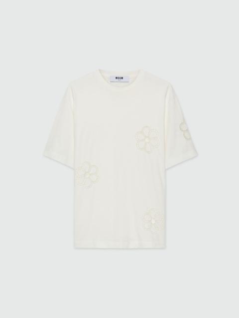 MSGM White cotton T-Shirt with floral embroidery