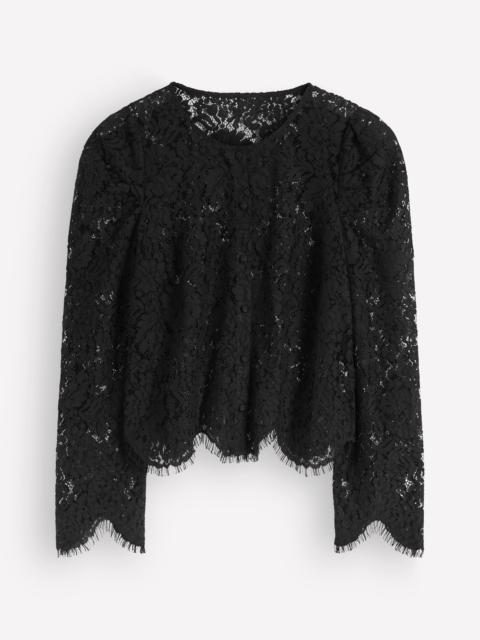 BODEN Lace Puff Sleeve Top-Black