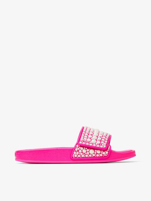 JIMMY CHOO Fitz/F
Fuchsia Leather and Canvas Slides with Pearl Embellishment