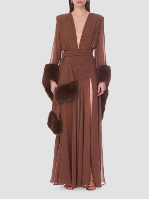 BRONX BANCO Women's Silk & Faux-Fur Self-Belt Gown - Brown