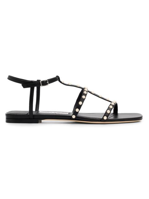JIMMY CHOO Women's Gwyn Pearl-Embellished Leather Flat Sandals - Black White