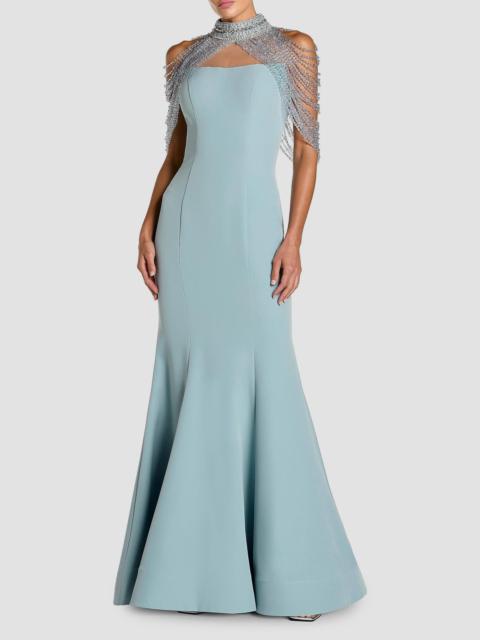 MAC DUGGAL Women's Beaded Capelet Crepe Mermaid Gown - French Blue
