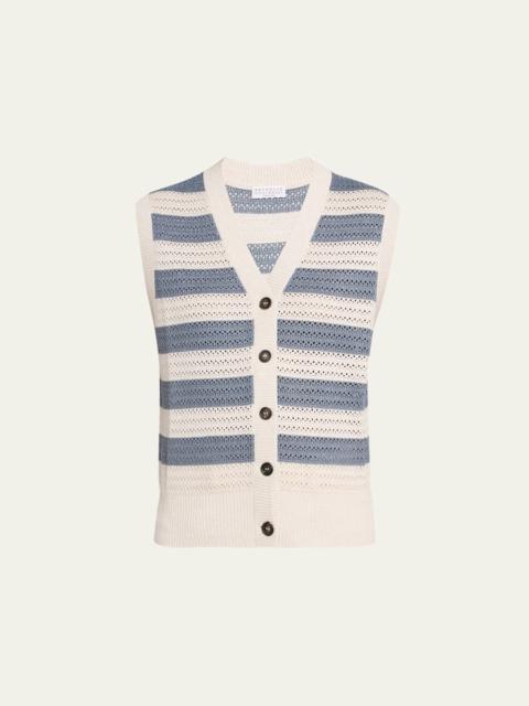 Brunello Cucinelli Sparkling Striped Crochet Knit Vest