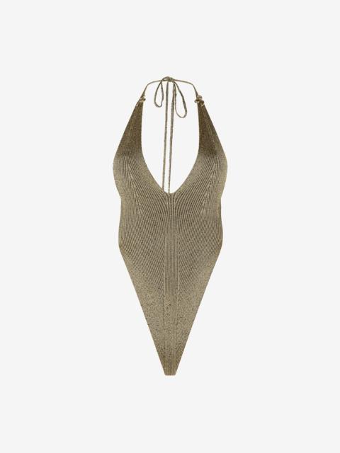 Roberto Cavalli Black and Gold Ribbed Bodysuit with Snakes