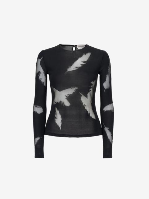 Women's Feather Intarsia Top in Black