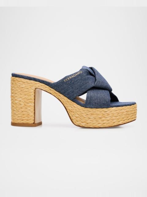 FERRAGAMO 85mm Douglas Platform Denim Mule Sandals