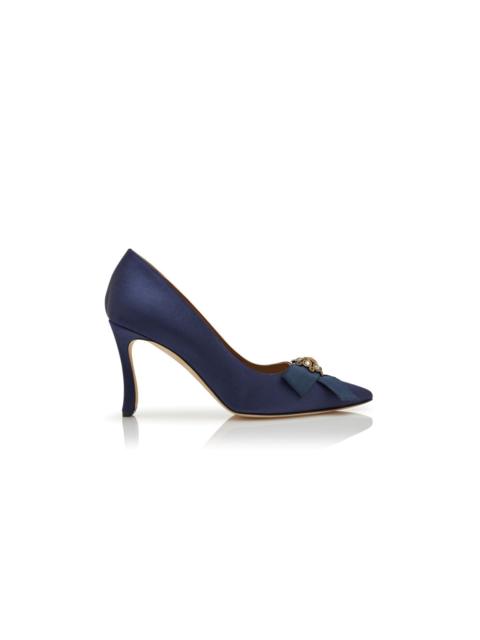 Manolo Blahnik Navy Blue Satin Jewel Embellished Pumps