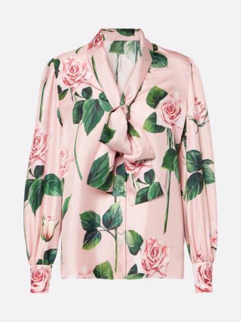 Floral tie-neck silk satin blouse