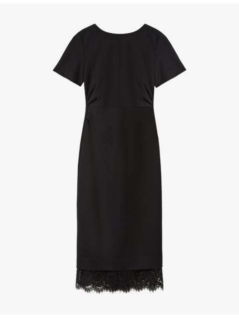 WHISTLES Ponte Lace-Trim Crepe Midi Dress