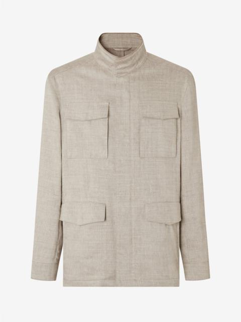 CORNELIANI Sand beige linen, stretch wool field jacket