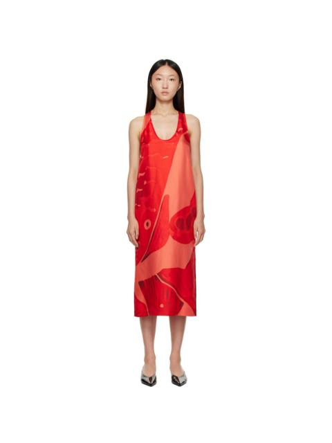 FERRAGAMO Red Fish Print Silk Maxi Dress