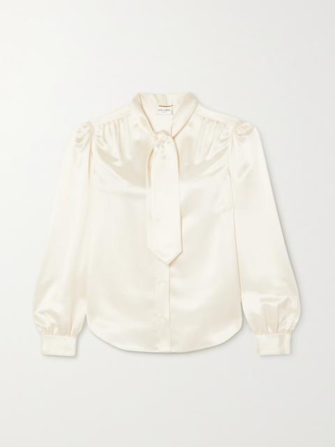 SAINT LAURENT Cropped Pussy-bow Silk-charmeuse Blouse