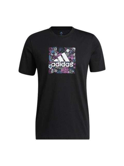 Men's adidas Cartoon Graffiti Alphabet Logo Pattern Printing Round Neck Short Sleeve Black T-Shirt I