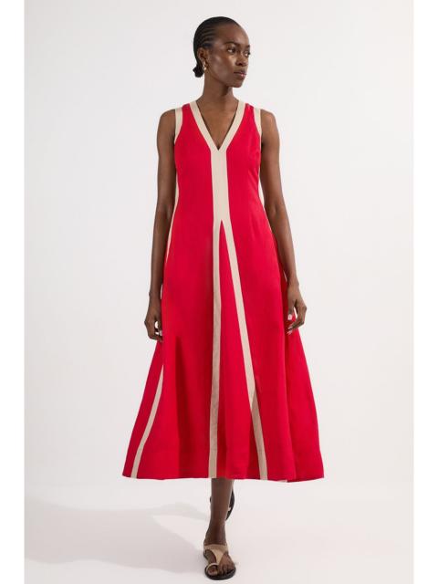 KAREN MILLEN Contrast Linen Plunge Neck Woven Maxi Dress