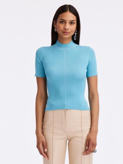 Oscar de la Renta SHORT SLEEVE MOCK NECK RIBBED PULLOVER