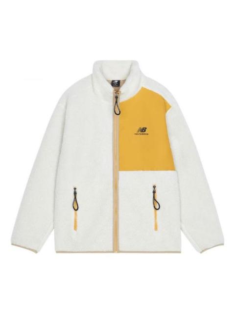 New Balance New Balance Contrasting Colors Knit Suede Sports Stand Collar Logo Lamb's Wool Jacket White AMJ13346