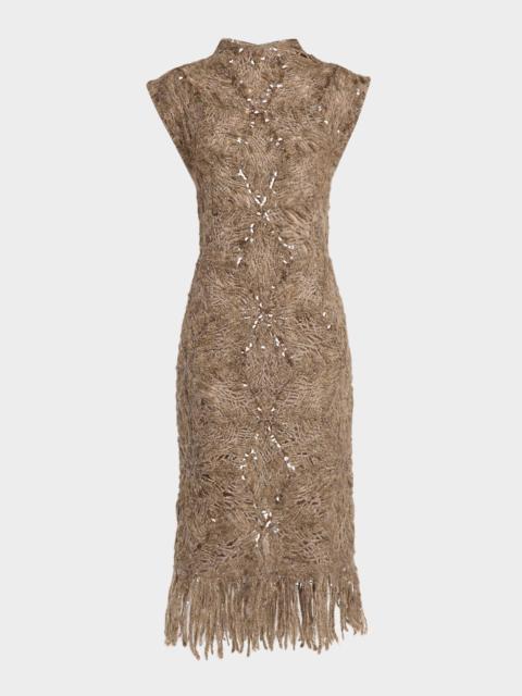 Brunello Cucinelli Frosty Sequined Wool-Cashmere Fringe Midi Dress