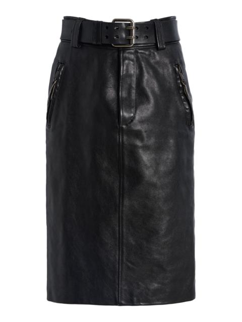 SAINT LAURENT Belted High-Rise Leather Midi Skirt black