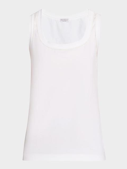 Brunello Cucinelli Metallic Stitched Scoop-Neck Cotton Stretch Tank Top