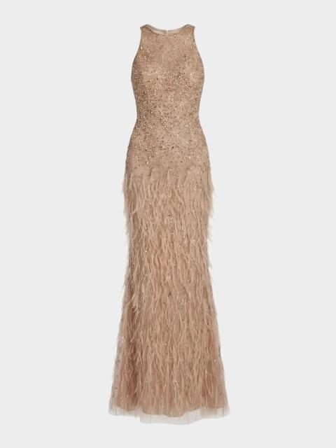 MAC DUGGAL Beaded Feather-Trimmed Gown