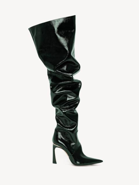 Victoria Beckham Thigh High Pointy Boot in Dark Green Grained Patent