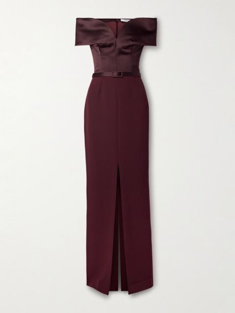 Safiyaa Ebren off-the-shoulder belted duchesse satin-trimmed crepe gown Burgundy