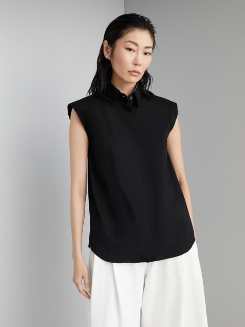 Stretch cotton poplin sleeveless shirt with shiny collar