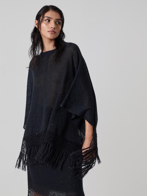 Brunello Cucinelli Linen and silk diamond yarn knit poncho with macramè fringe